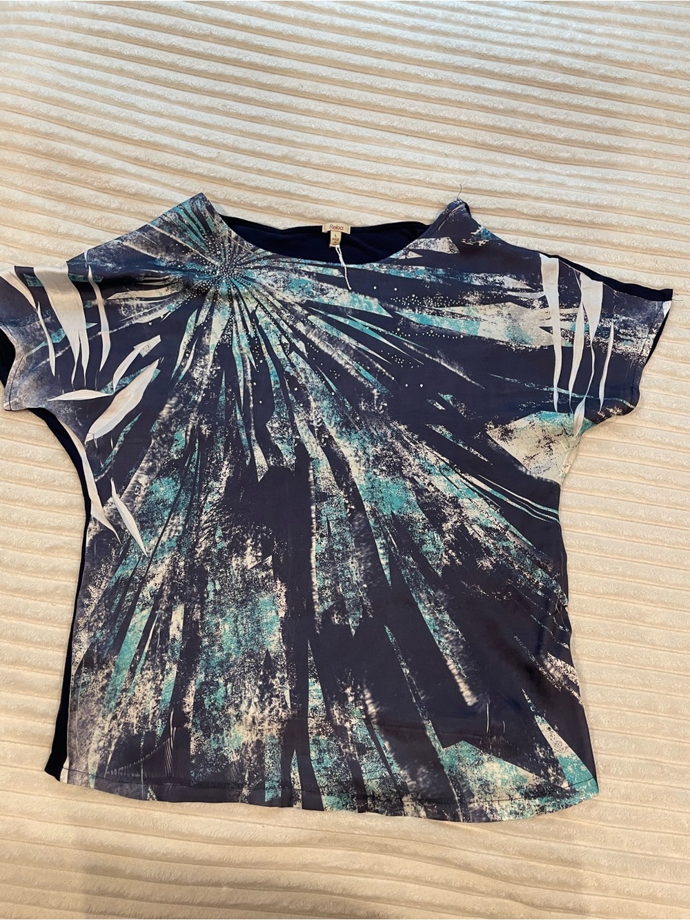 Reba Navy Pullover Top with Teal & White Burst Print